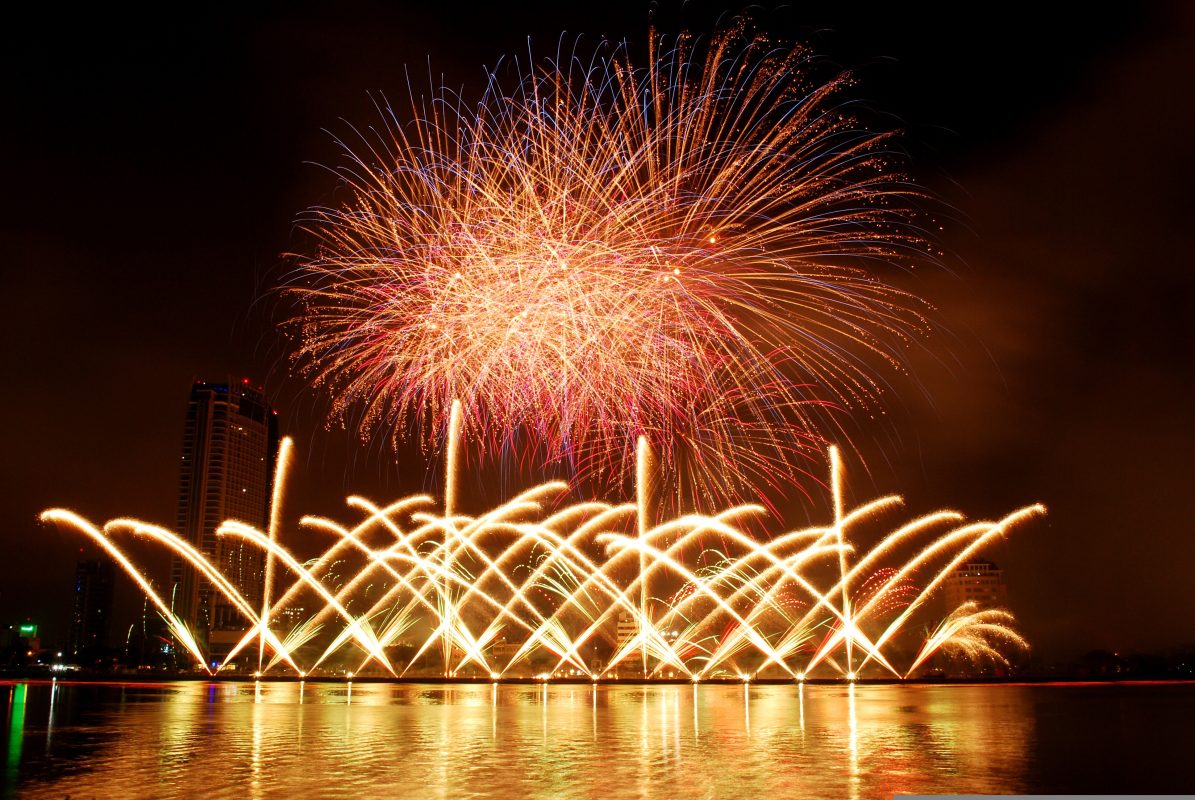 Vibrant fireworks display lighting up the night sky